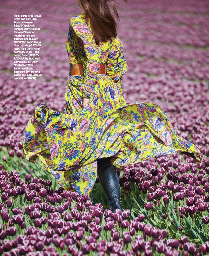 Tulip fields with woman Fashion Harper Bazaar